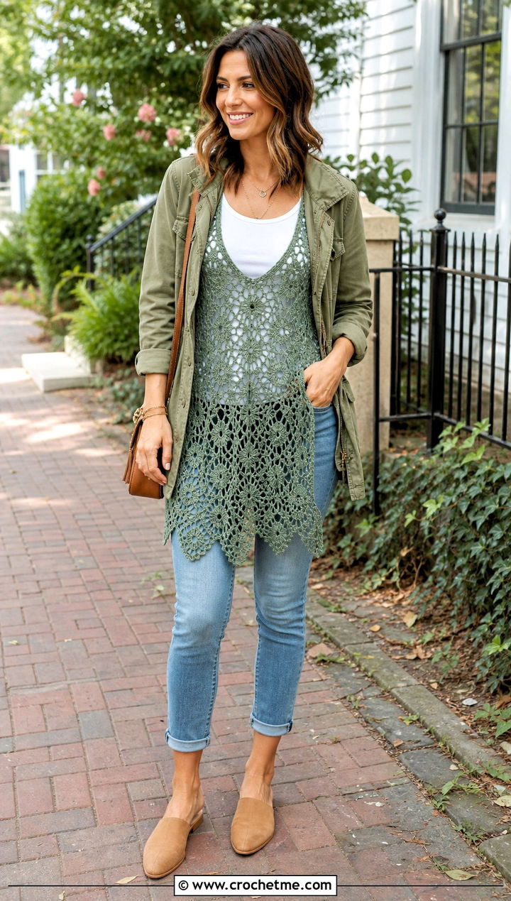 Crochet Chemise With Cropped Jeans - 35 crochet lingerie outfit ideas