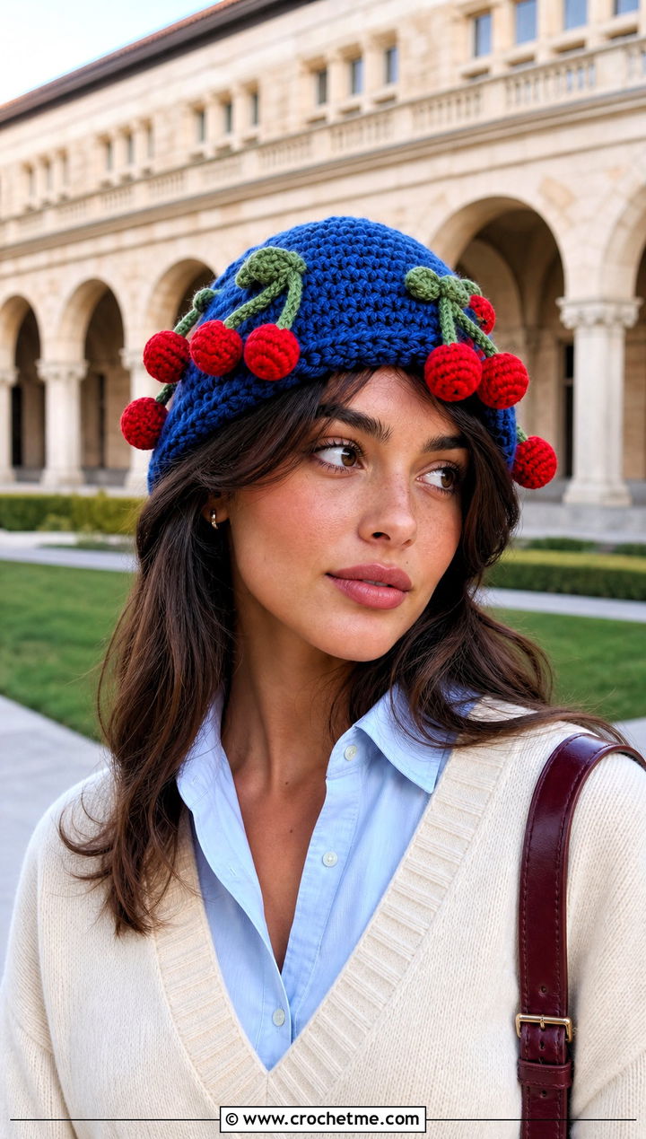 Crochet Cherry Amigurumi Hat With Preppy Cardigan - 30 crochet amigurumi hat outfit ideas