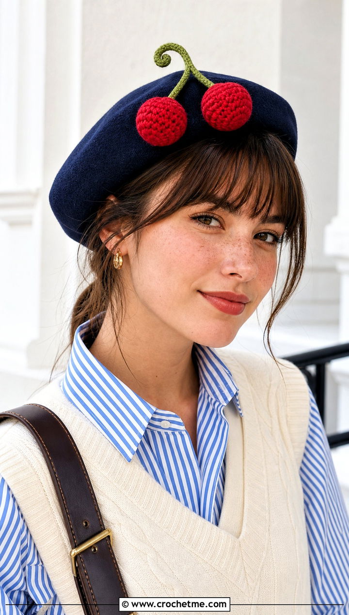 Crochet Cherry Hat Topper With Preppy Outfit - 20 Crochet Hat Toppers Ideas