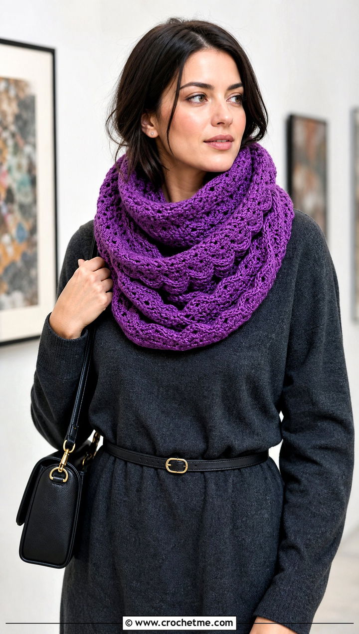 Crochet Chevron Infinity Scarf With Sweater Dress - 20 Crochet Zig Zag Scarf outfit ideas
