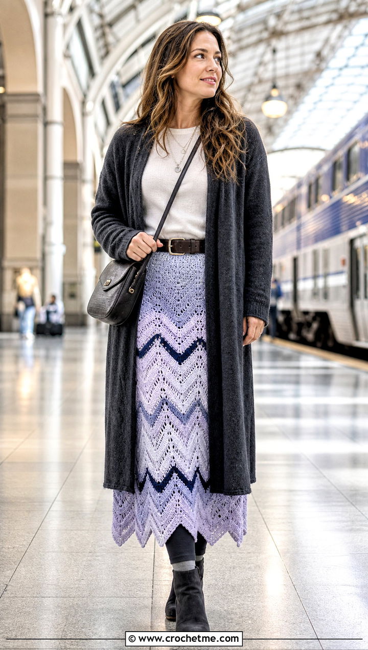 Crochet Chevron Maxi Skirt With Long Cardigan - 35 crochet winter skirt outfit ideas