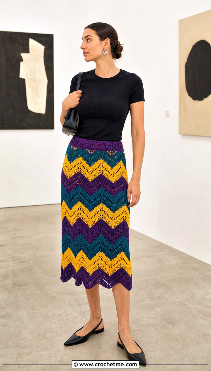 Crochet Chevron Midi Skirt With Black Fitted T Shirt - 15 colorful crochet zigzag skirt outfit ideas