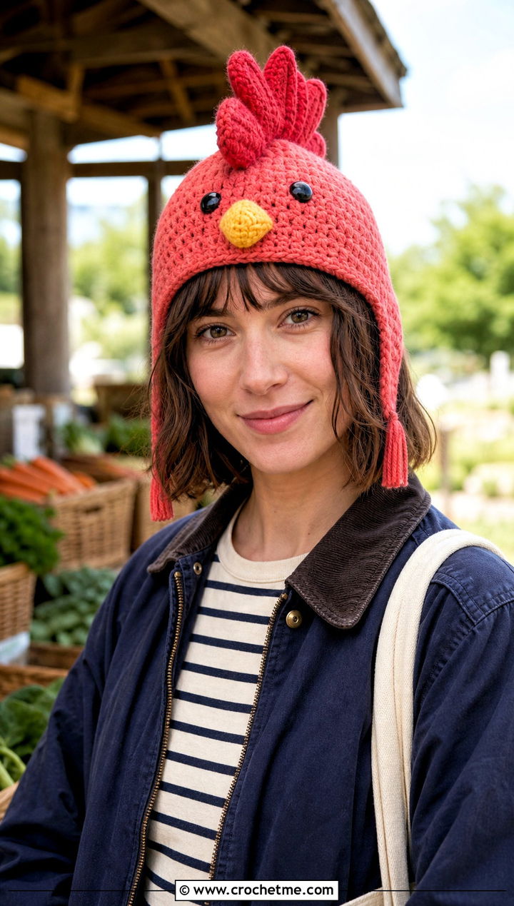 Crochet Chicken Hat With Barn Jacket And Straight Jeans - 25 Crochet Silly Hats outfit ideas