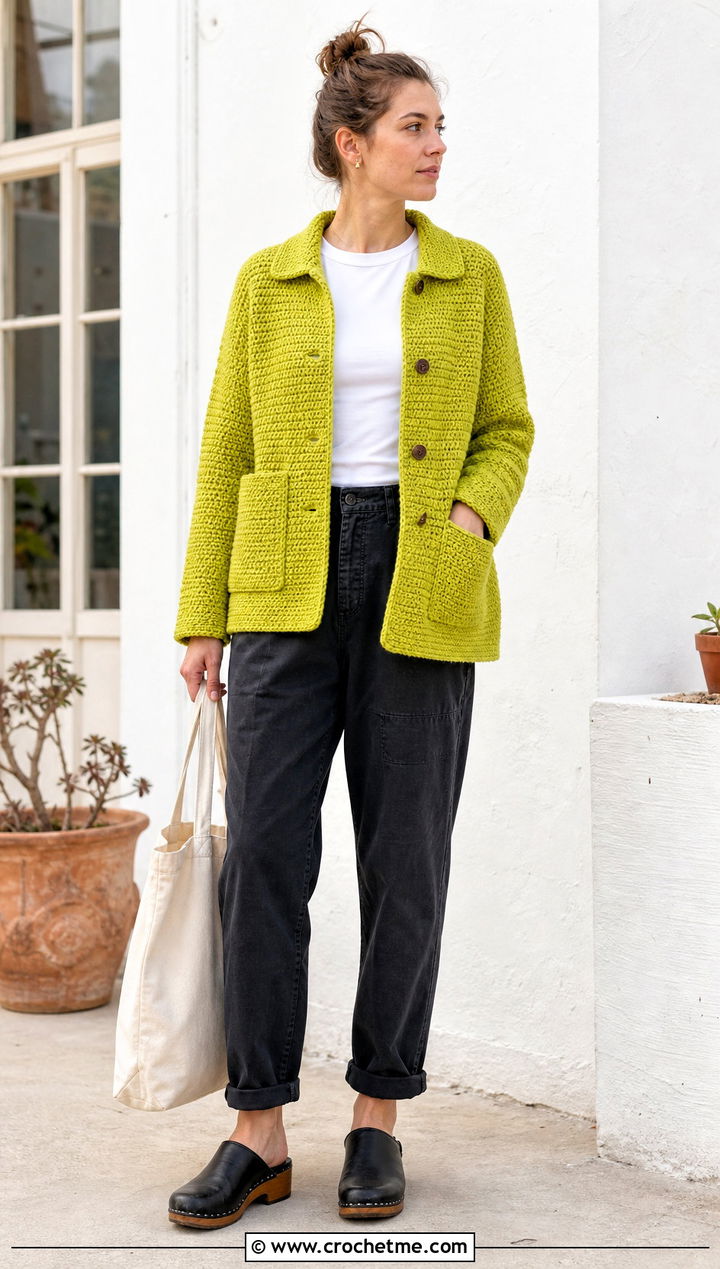 Crochet Chore Coat With Utility Trousers - 15 beginner crochet coat outfit ideas