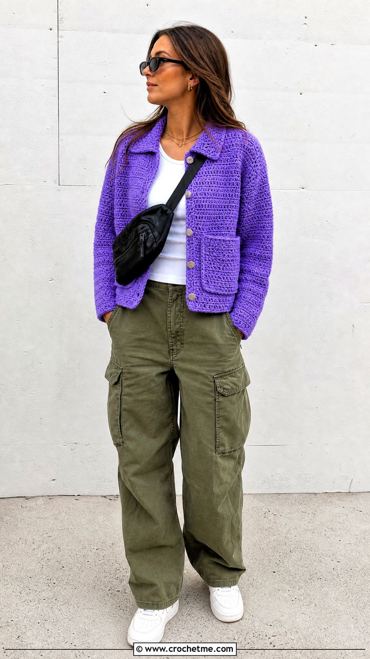 Crochet Chore Jacket With Cargo Pants - 35 crochet coats & jackets outfit ideas