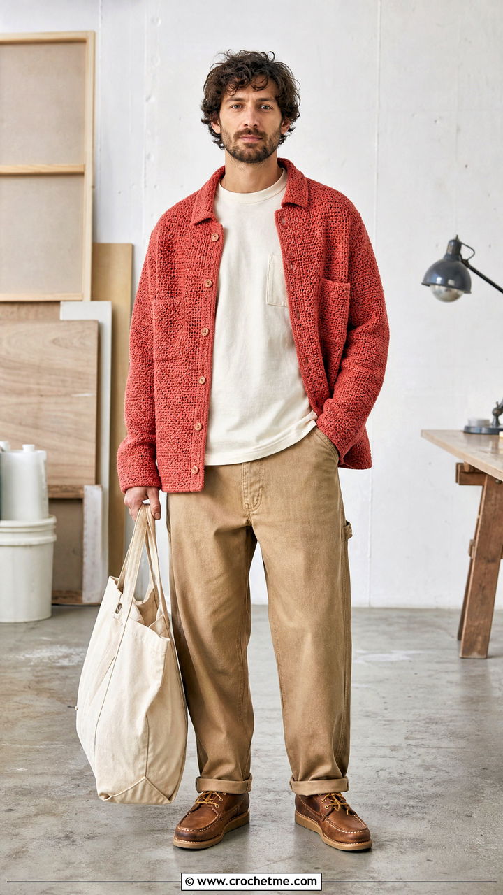Crochet Chore Jacket With Carpenter Pants - 35 crochet jacket for men outfit ideas