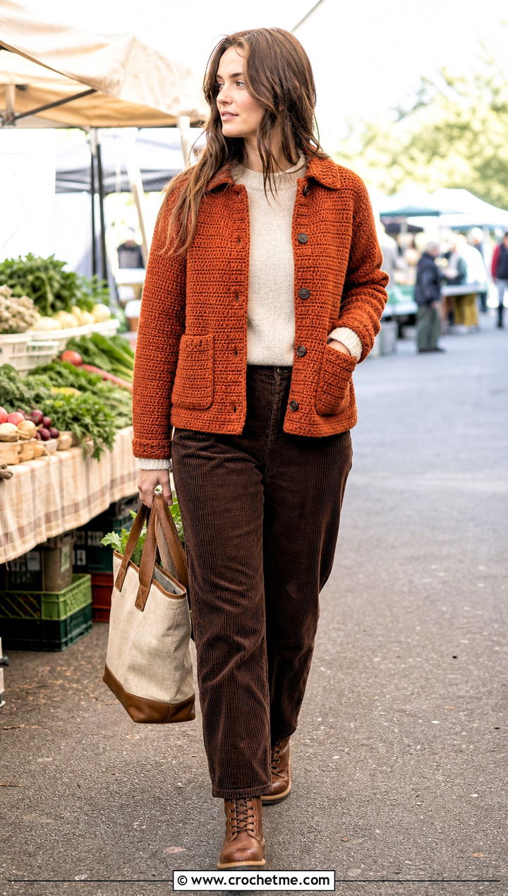 Crochet Chore Jacket With Corduroy Pants - 30 crochet winter jacket outfit ideas