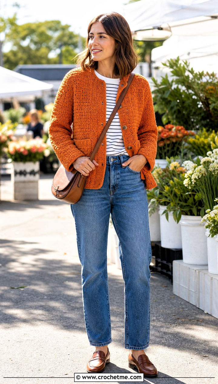 Crochet Chore Jacket With Straight Leg Jeans - 35 crocheted jacket outfit ideas