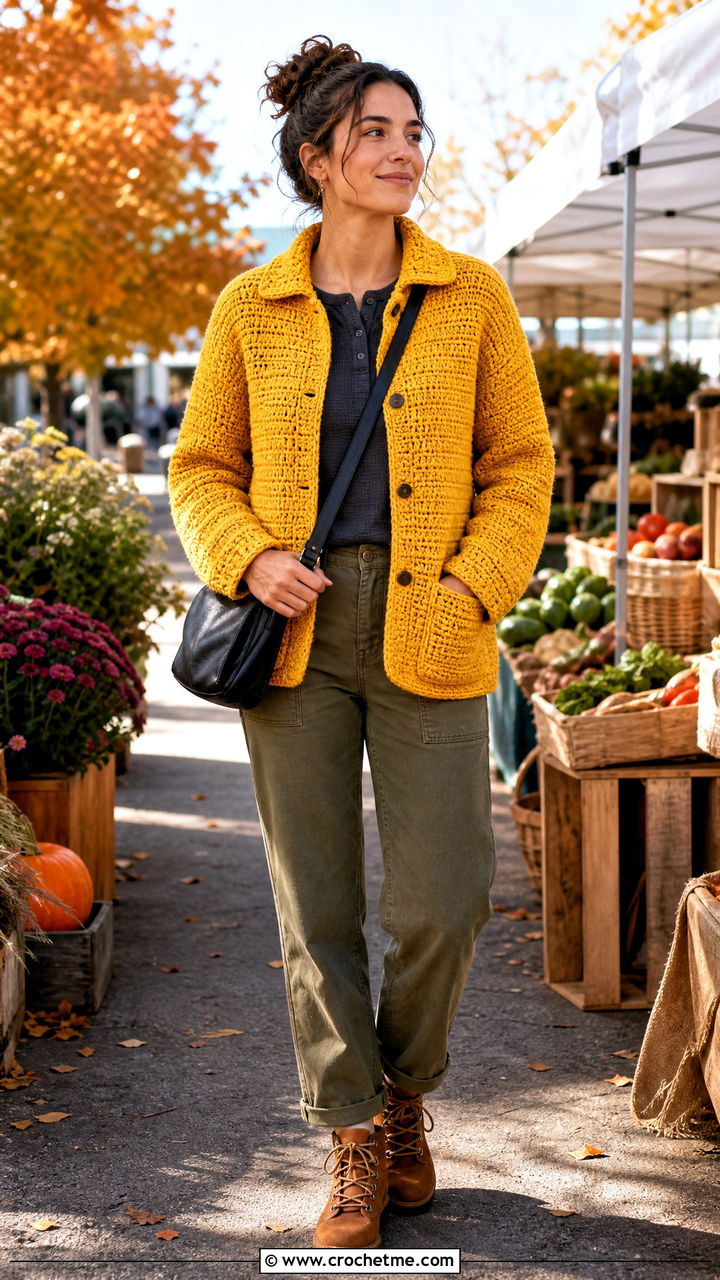 Crochet Chore Jacket With Utility Pants - 35 autumn crochet clothes and outfit ideas