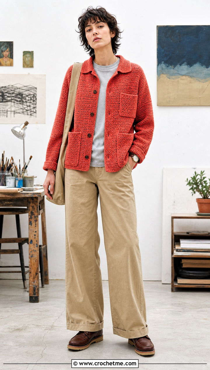 Crochet Chore Jacket With Wide Leg Chinos - 30 Masc Crochet Clothes and outfit ideas