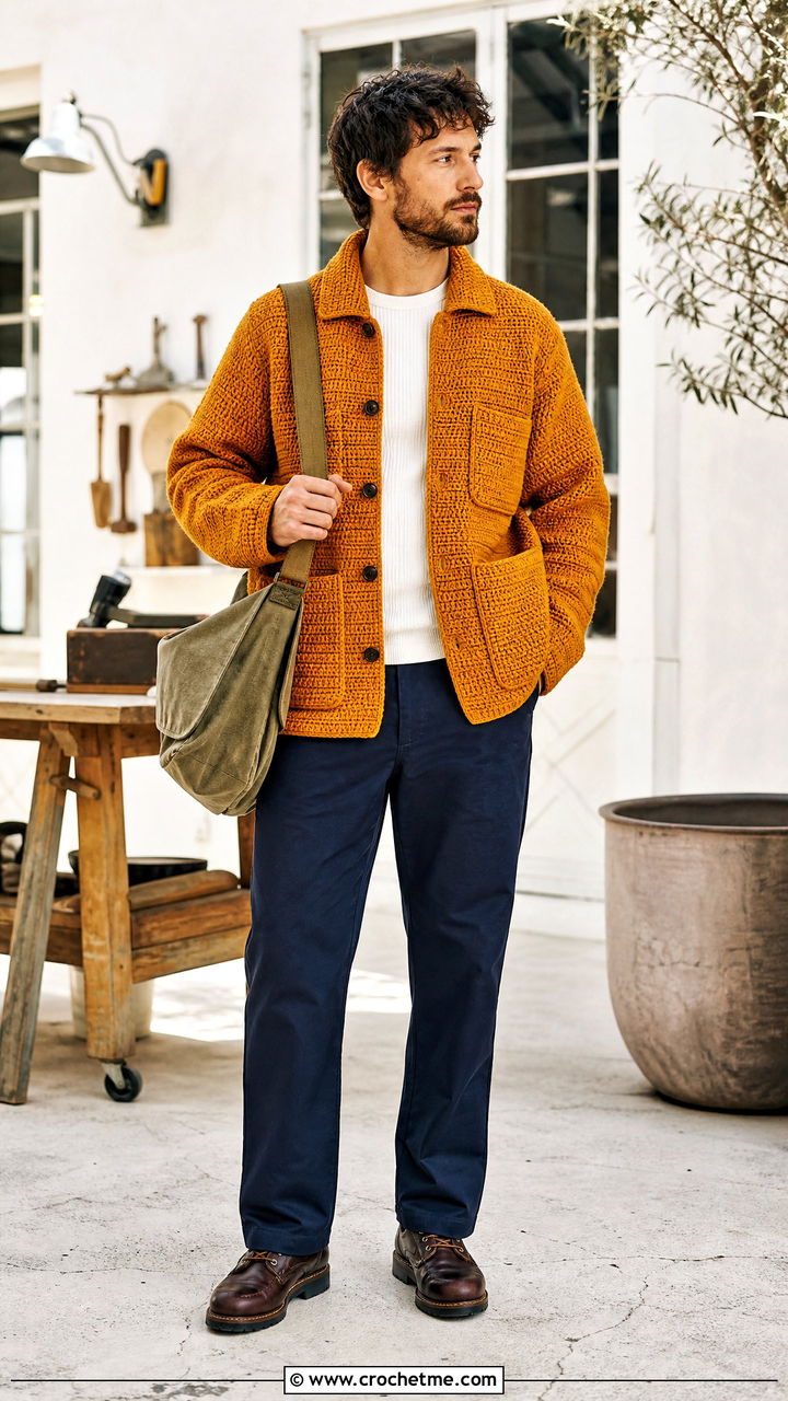 Crochet Chore Jacket With Work Pants - 35 crochet clothes for men outfit ideas