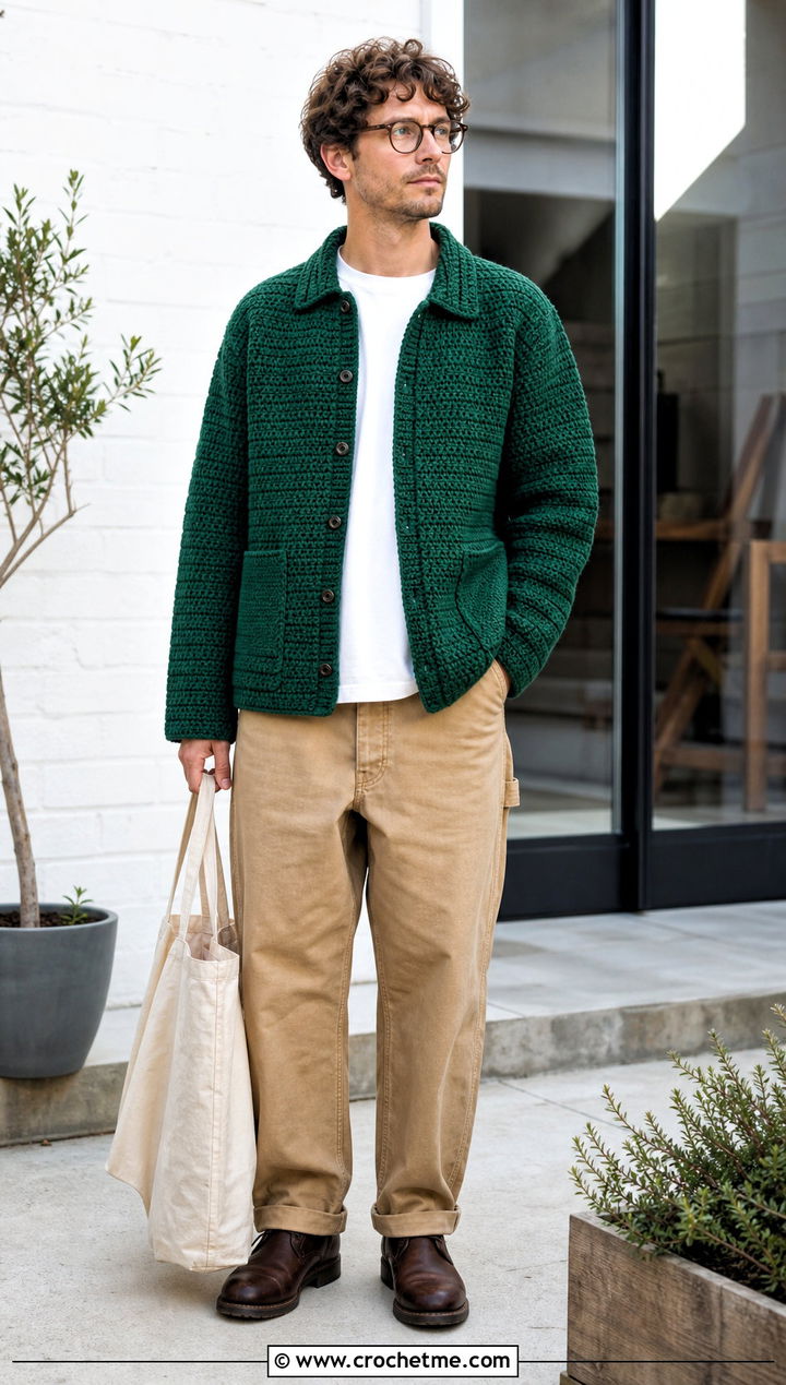 Crochet Chore Jacket With Workwear Pants - 25 Crochet Men Clothing and outfit ideas