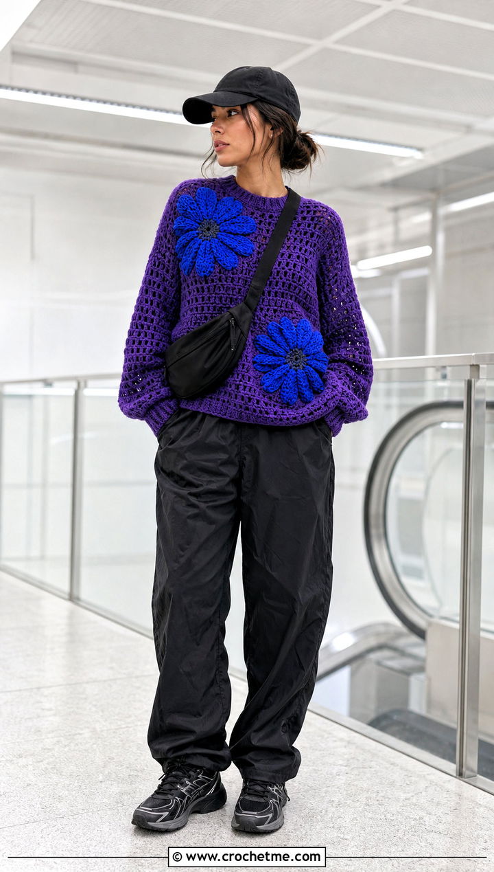 Crochet Chrysanthemum Sweater With Parachute Pants - 30 crochet flowers on sweater outfit ideas