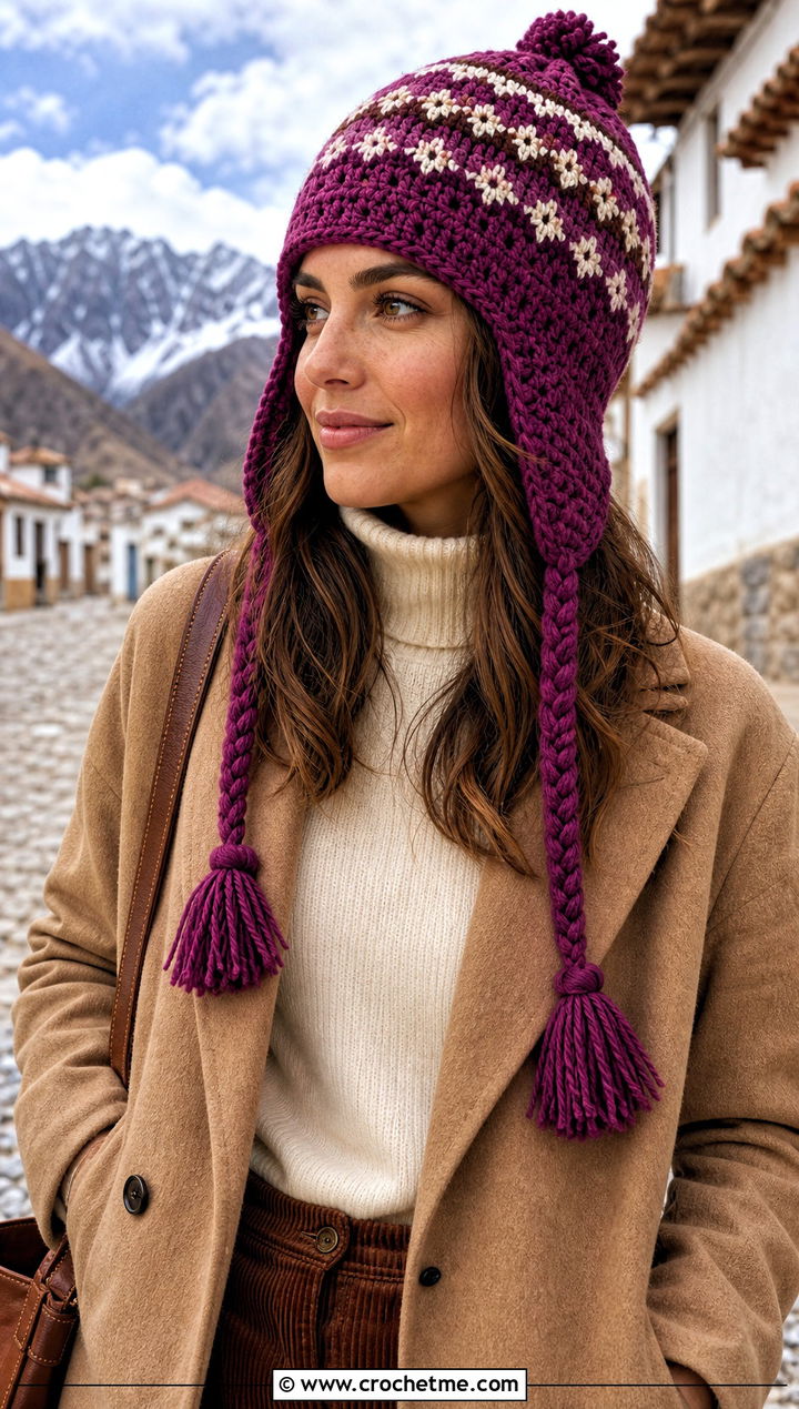 Crochet Chullo Hat With Wool Coat And Corduroy Pants - 25 Cool Crochet Hat outfit ideas