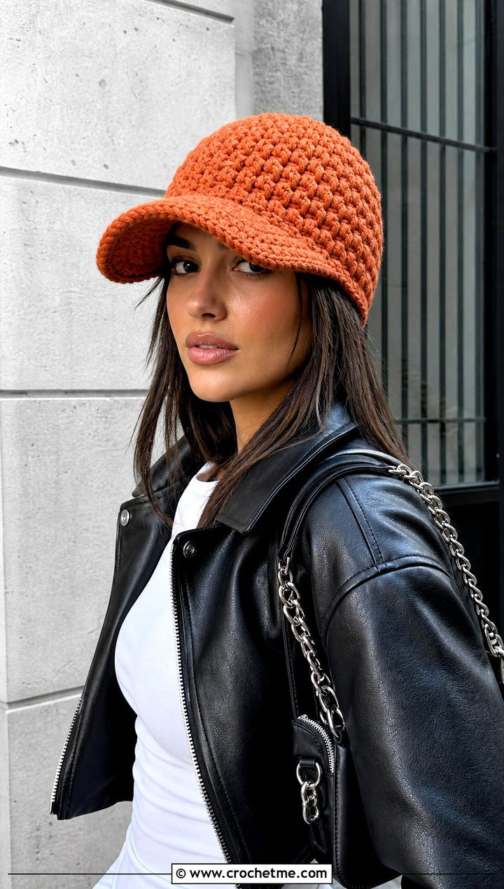 Crochet Chunky Billed Beanie With Leather Jacket - 20 Crochet Beanie With Brim outfit ideas