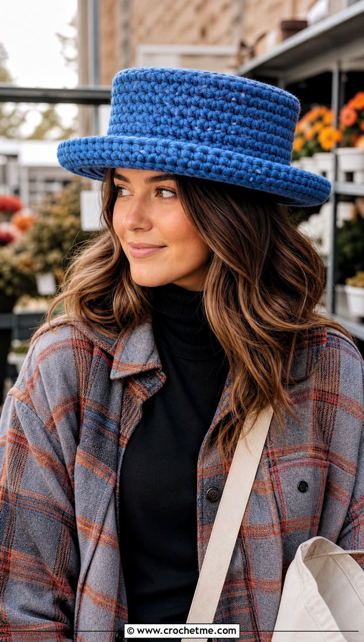Crochet Chunky Flat Top Hat With Shacket And Leggings - 20 Flat Top Crochet Hat outfit ideas