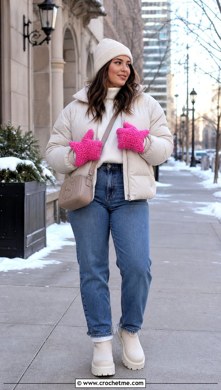 Crochet Chunky Star Mitts With Puffer Jacket - 35 crochet star gloves outfit ideas