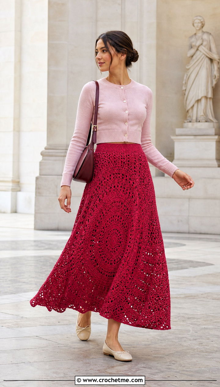 Crochet Circle Skirt With Cropped Cardigan - 25 Boho Crochet Skirt outfit ideas
