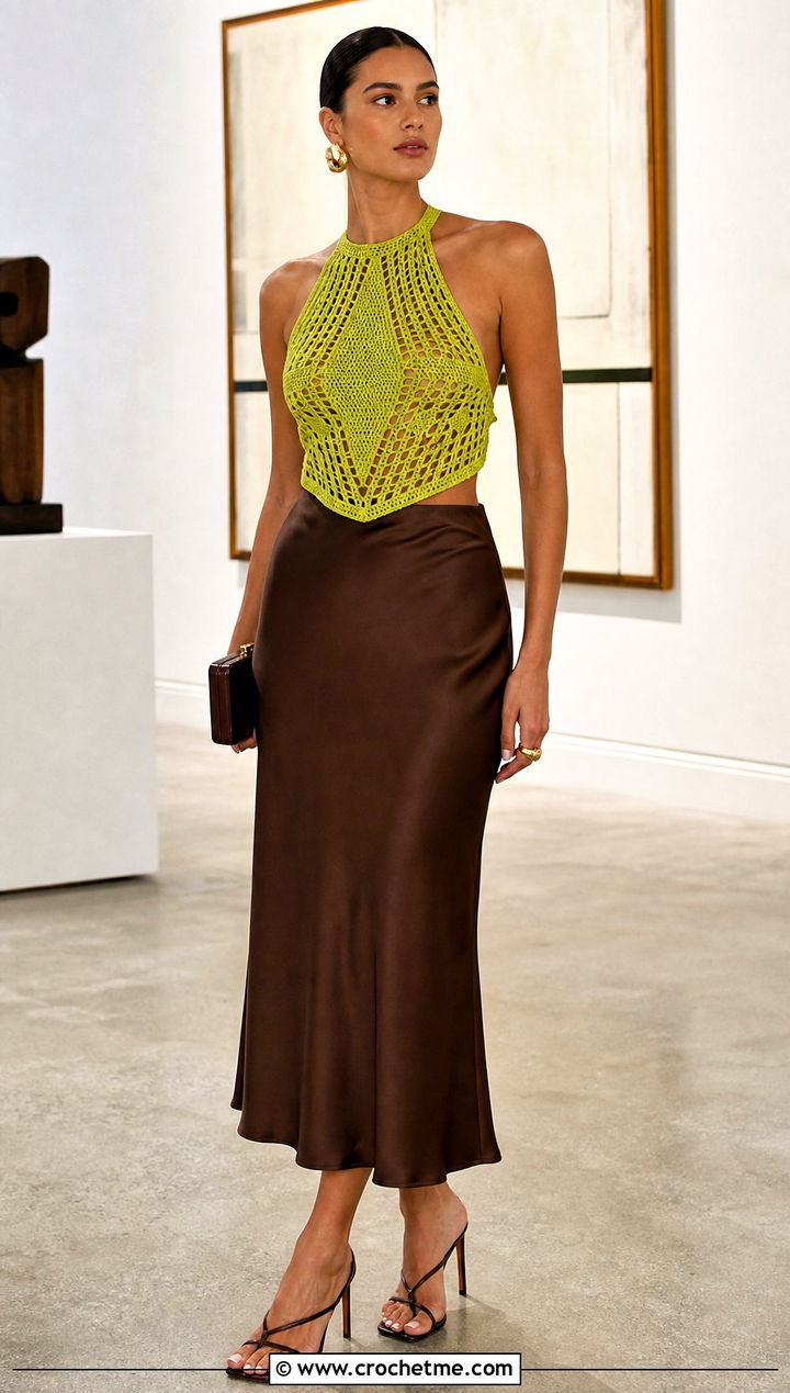 Crochet Cleopatra Top With Satin Midi Skirt - 15 Crochet Cleopatra Top outfit ideas