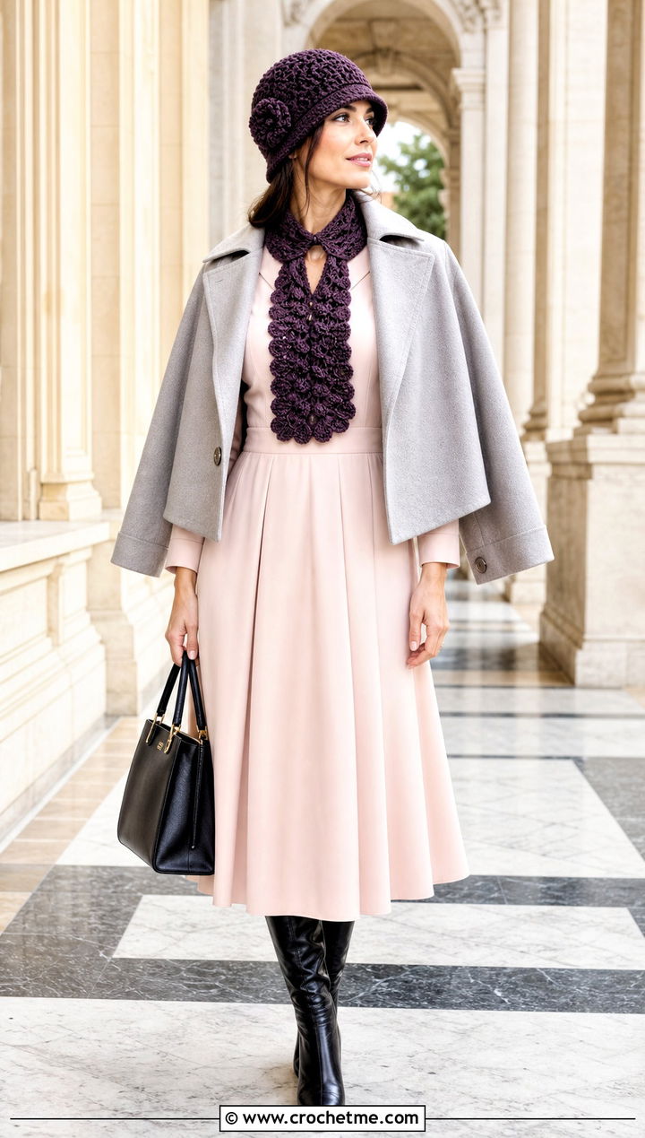 Crochet Cloche And Keyhole Scarf With Midi Dress - 35 crochet hat and scarf set outfit ideas