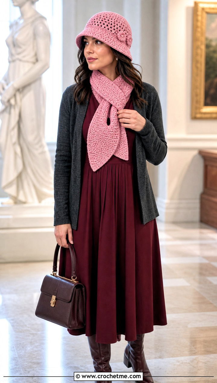 Crochet Cloche Hat And Keyhole Scarf With Midi Dress - 15 Easy Crochet Hat And Scarf Set outfit ideas