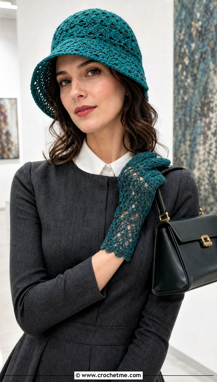 Crochet Cloche Hat And Lace Gloves With Midi Dress - 15 Crochet Hat And Gloves outfit ideas