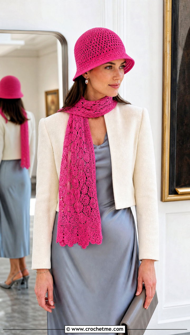 Crochet Cloche Hat And Lace Scarf With Satin Midi Dress - 25 crochet scarf hat combo outfit ideas