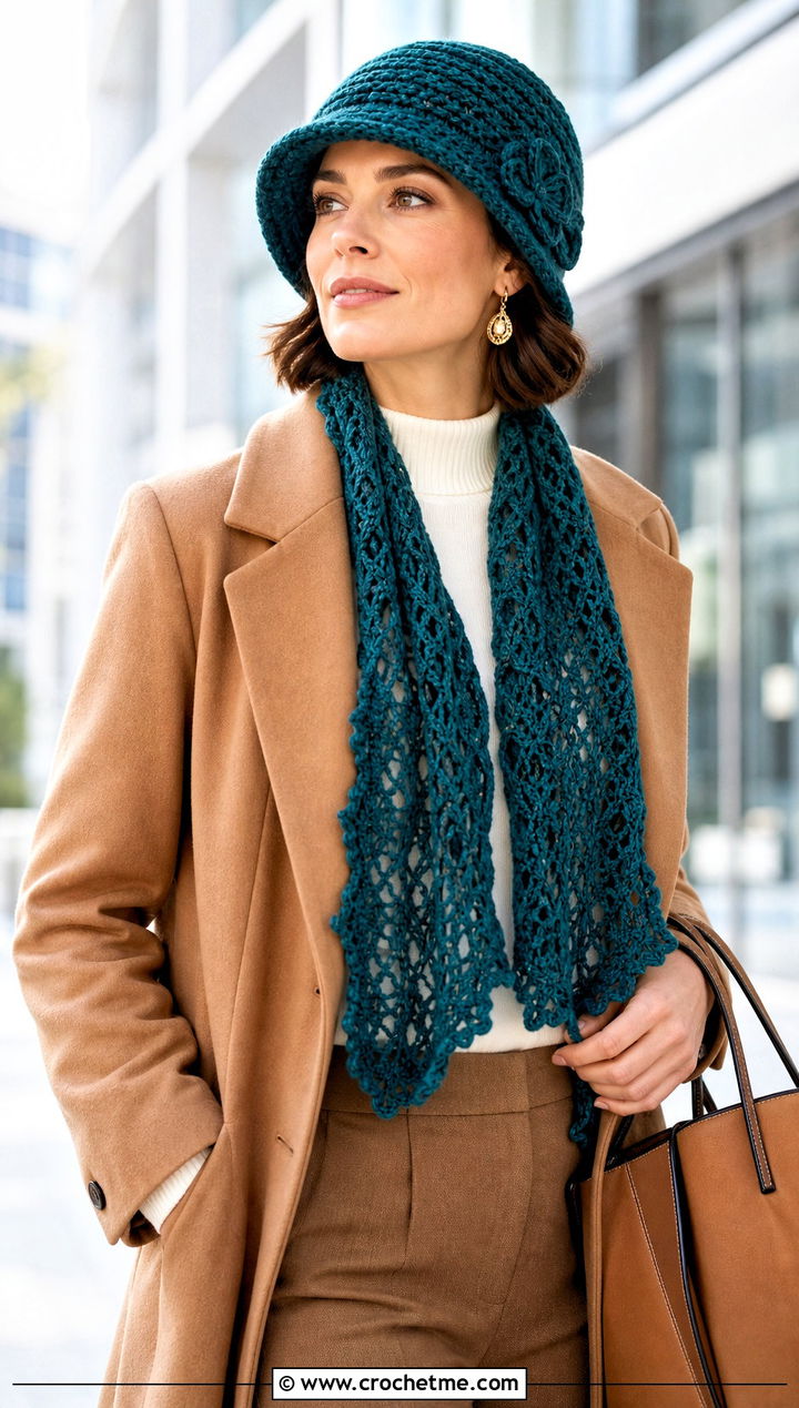 Crochet Cloche Hat And Lace Scarf With Tailored Trousers - 15 Crochet Scarf Hat outfit ideas