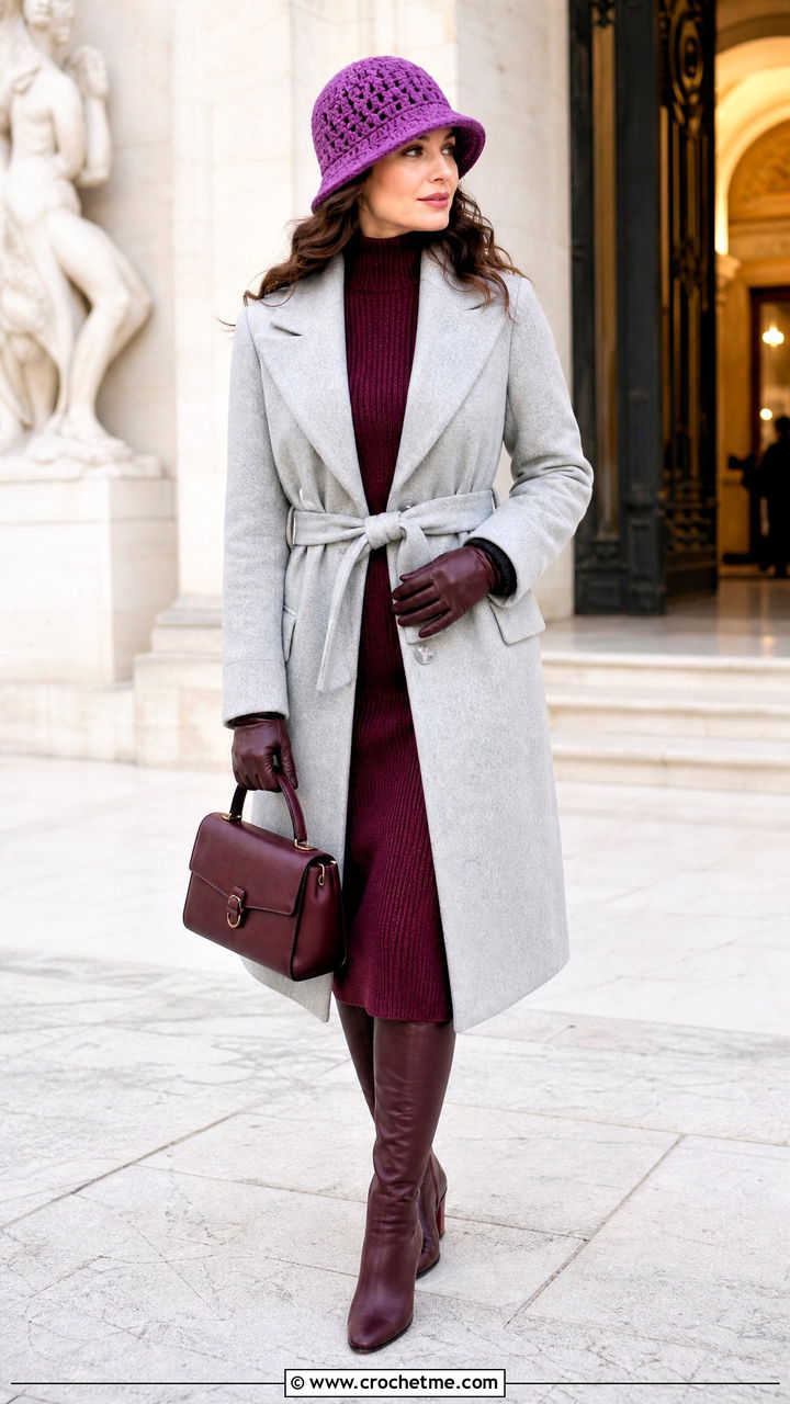 Crochet Cloche Hat With Belted Coat And Midi Dress - 35 crochet winter hat outfit ideas