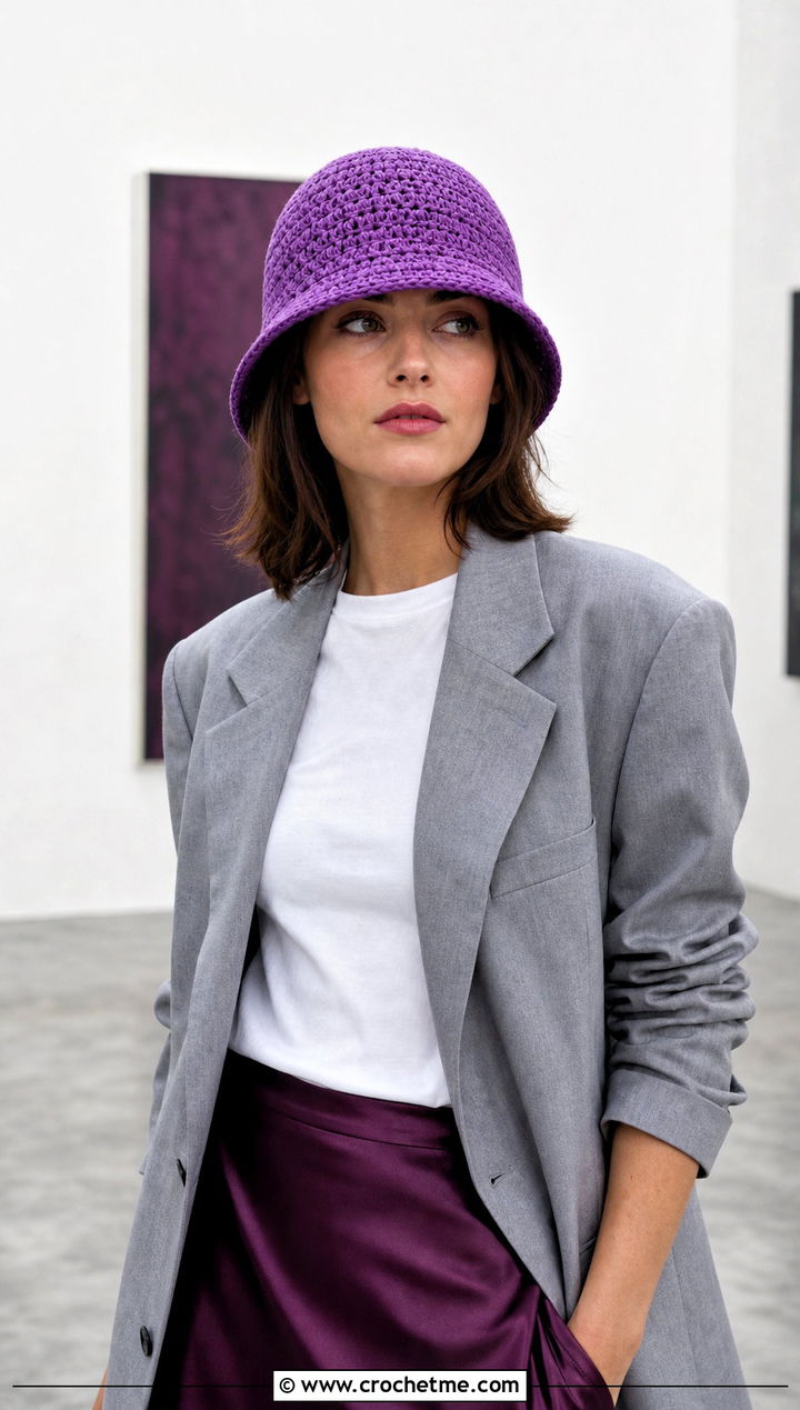 Crochet Cloche Hat With Blazer And Satin Skirt - 20 Fun Crochet Hat outfit ideas