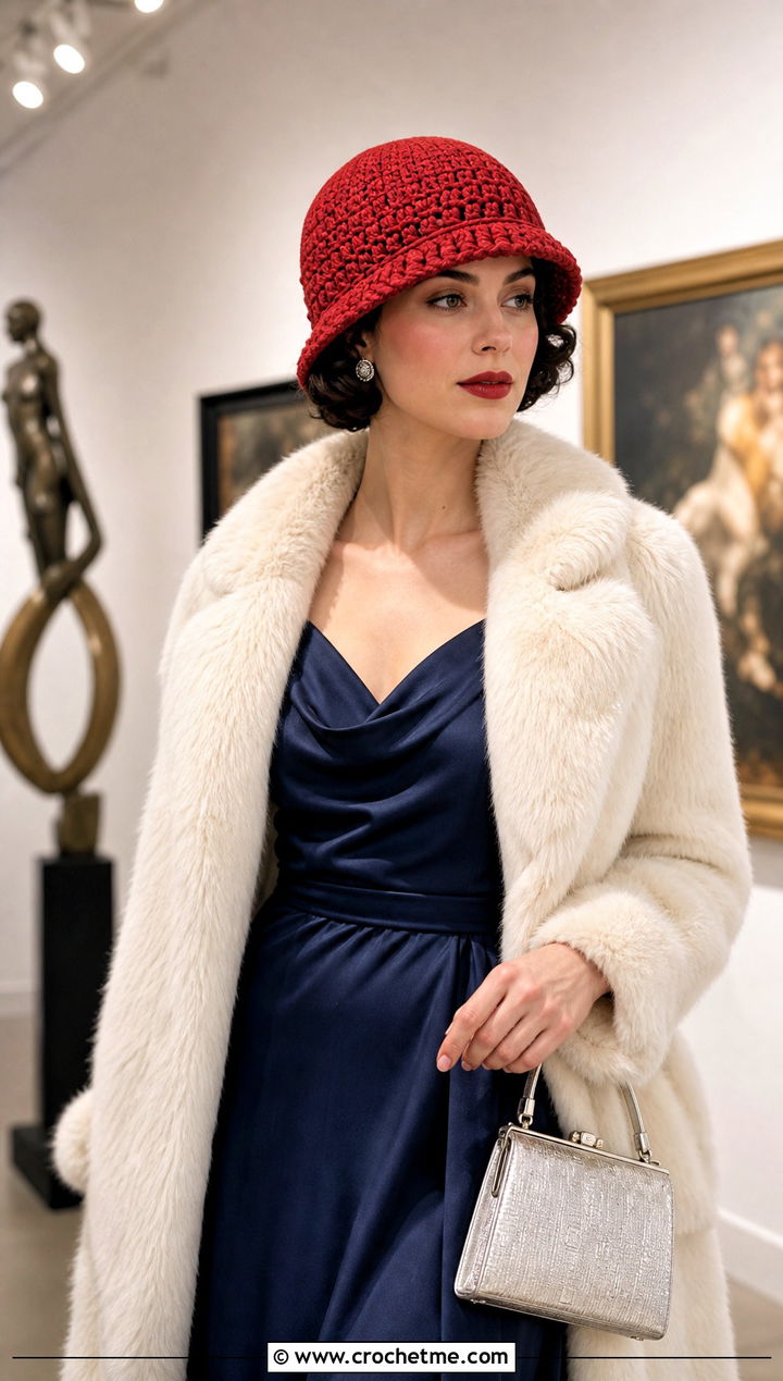Crochet Cloche Hat With Faux Fur Coat and Satin Dress - 15 Crochet Warm Winter Hat outfit ideas