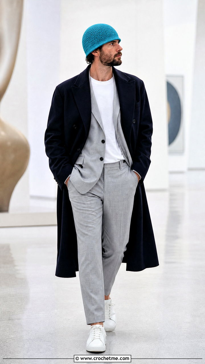 Crochet Cloche Hat With Long Coat And Relaxed Suit - 35 crochet hat men outfit ideas