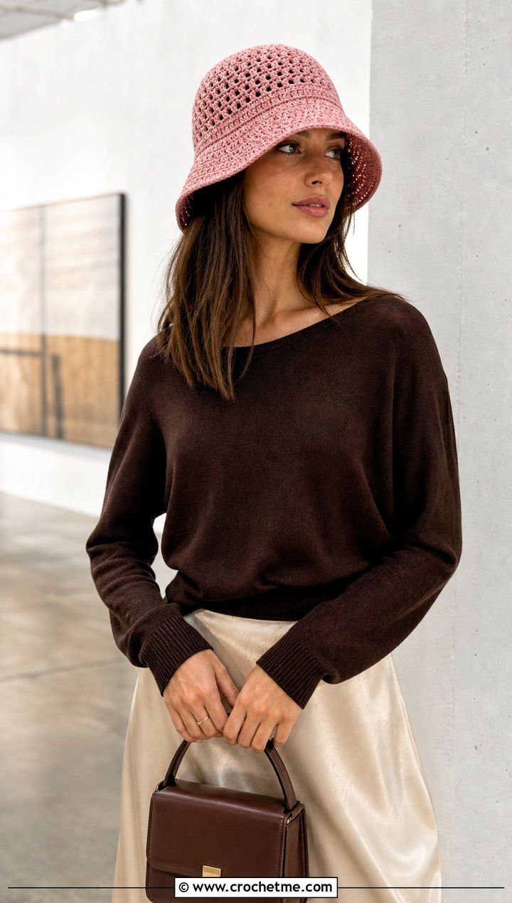 Crochet Cloche Hat With Satin Skirt And Sweater - 25 easy crocheted hats outfit ideas