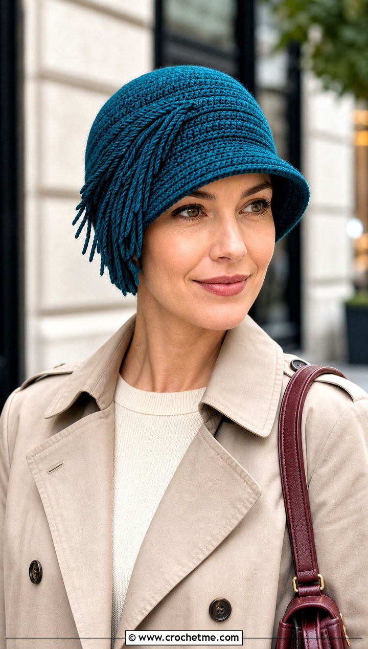 Crochet Cloche Hat With Side Fringe And Trench Coat - 15 crochet chemo hat with hair outfit ideas