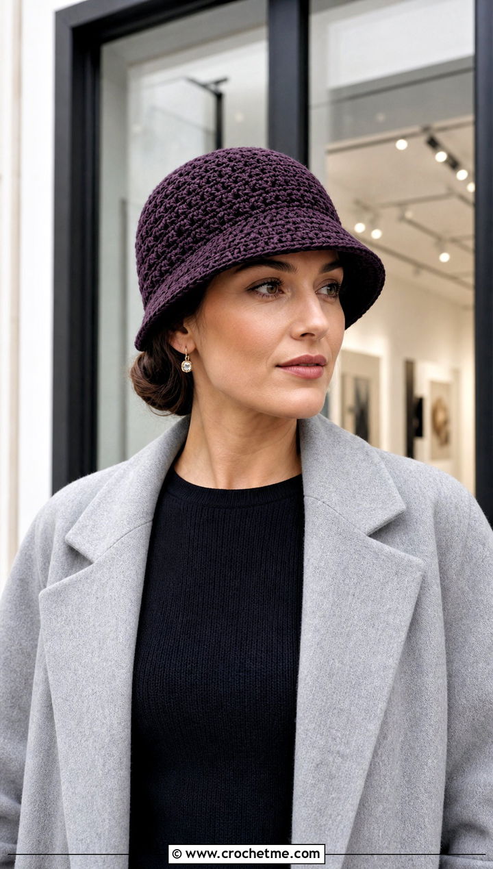 Crochet Cloche Hat With Tailored Coat And Knit Dress - 15 Easy Crochet Hats For Women outfit ideas