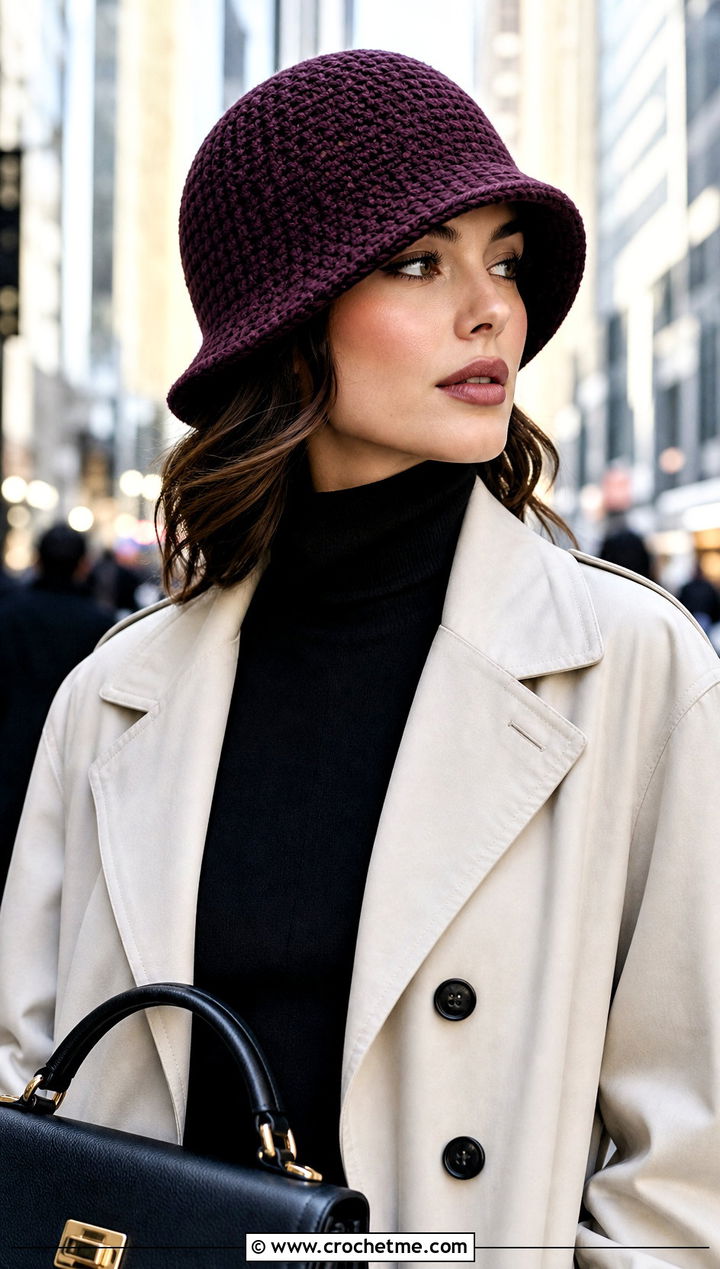 Crochet Cloche Hat With Trench Coat - 25 Easy Crochet Hats With Brim outfit ideas