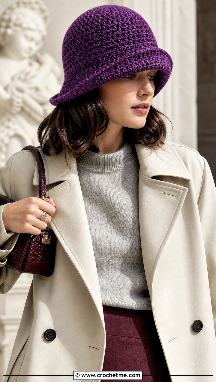 Crochet Cloche Hat With Trench Coat And Midi Skirt - 20 crochet women's hat outfit ideas
