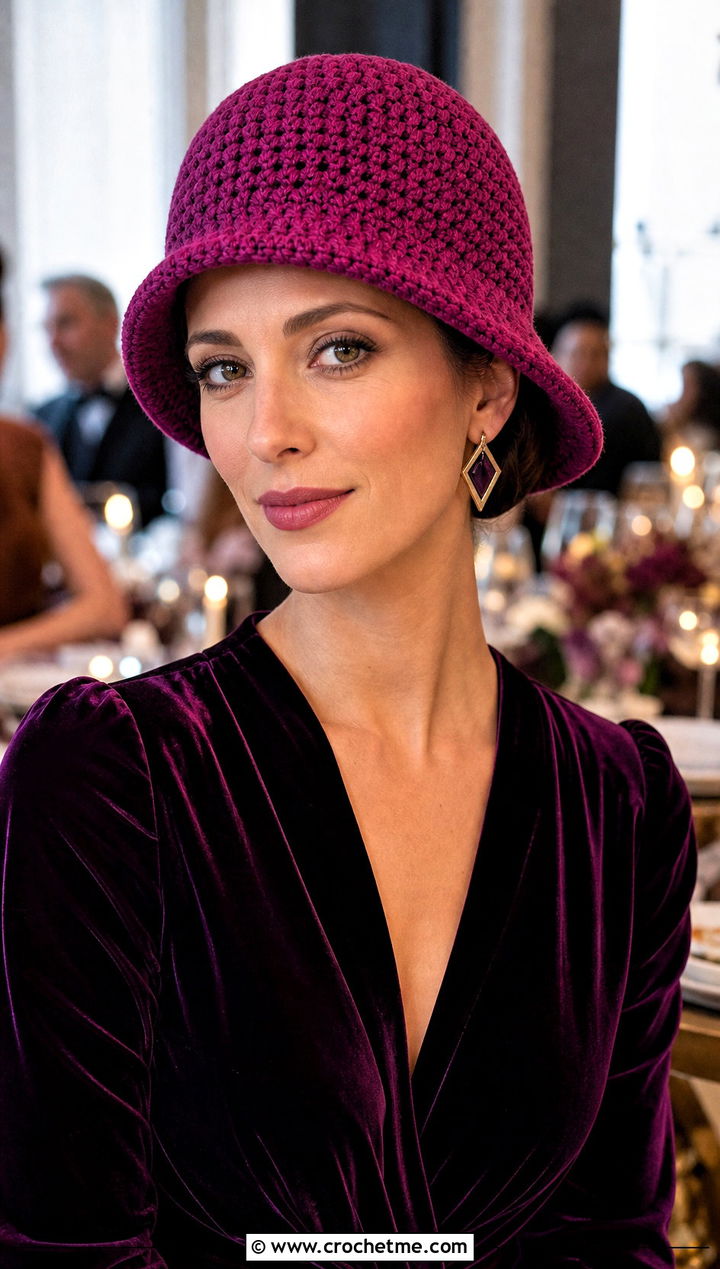 Crochet Cloche Hat With Velvet Jumpsuit - 25 party crochet hat outfit ideas