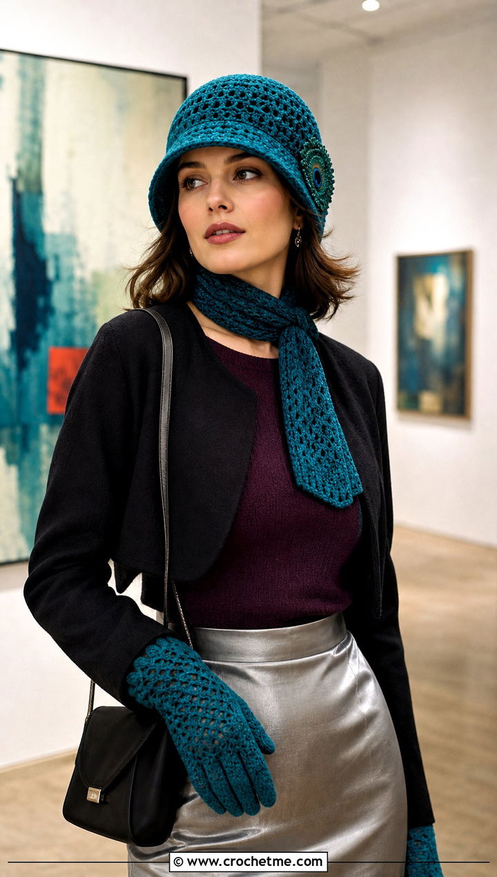 Crochet Cloche Neck Scarf And Gloves With Satin Skirt - 25 crochet hat scarf gloves set outfit ideas