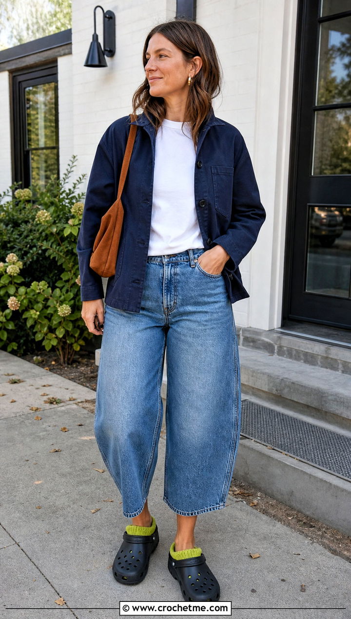 Crochet Clog Liner Socks With Barrel Jeans - 20 croc crochet socks outfit ideas
