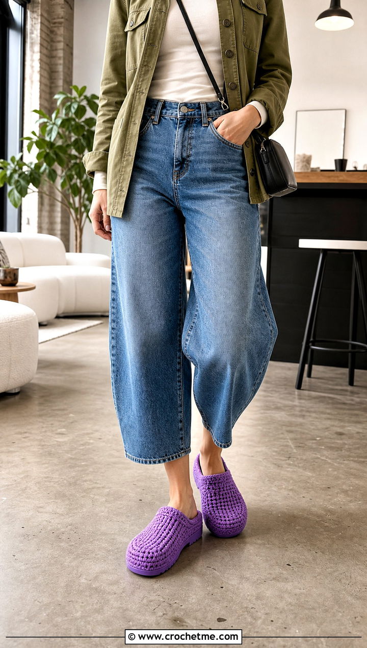 Crochet Clog Slippers With Barrel Jeans - 20 Women's Crochet Slippers For Women outfit ideas
