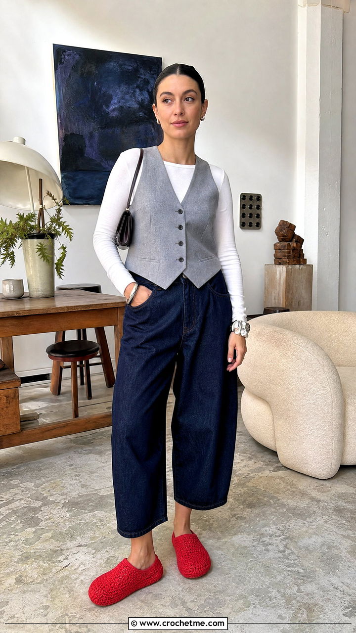 Crochet Clog Slippers With Barrel Jeans and a Vest - 35 easy crochet slippers adult outfit ideas