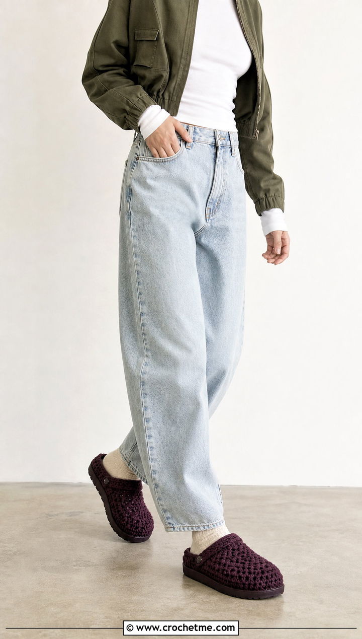 Crochet Clog Slippers With Barrel Jeans - 25 crochet winter slippers outfit ideas