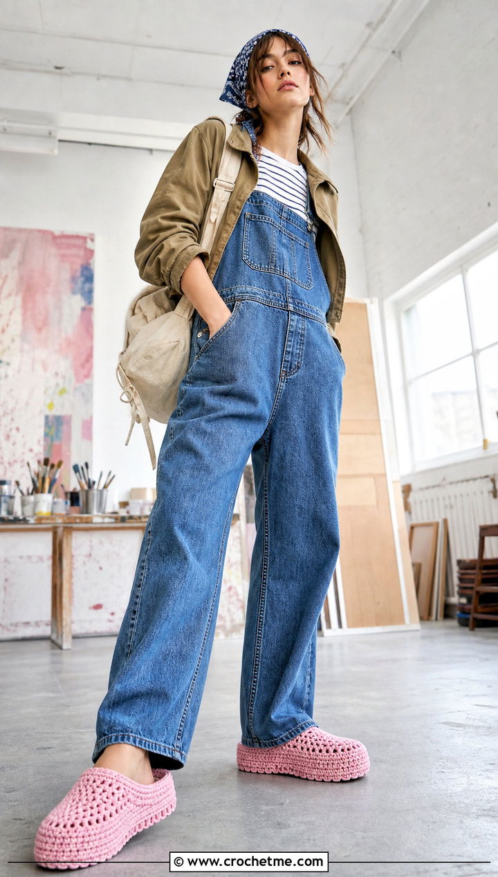 Crochet Clog Slippers With Denim Overalls - 35 easy crochet slippers outfit ideas