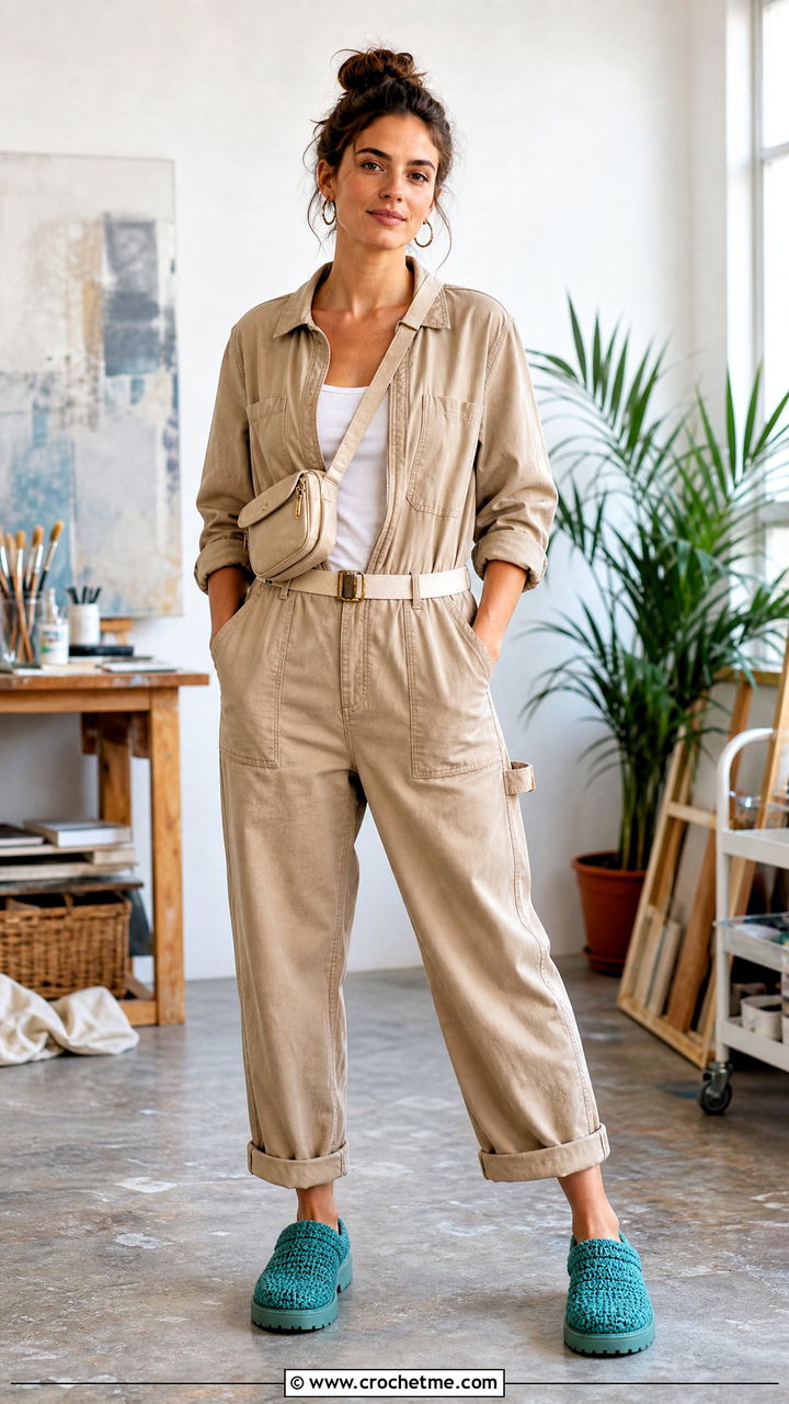 Crochet Clog Slippers With Utility Jumpsuit - 35 crochet slippers outfit ideas