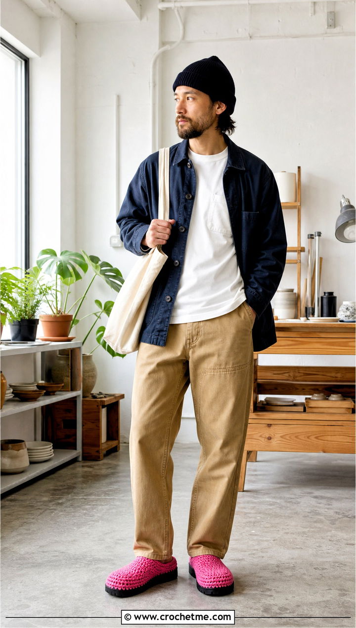 Crochet Clog Slippers With Workwear Jacket and Carpenter Pants - 35 mens crochet slippers outfit ideas