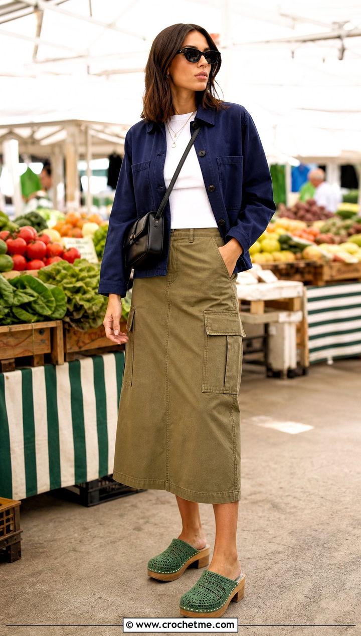 Crochet Clogs With A Cargo Midi Skirt - 25 women crochet shoes outfit ideas