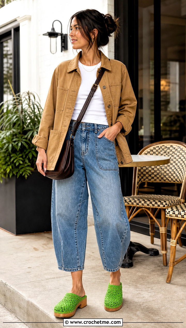 Crochet Clogs With Barrel Jeans And A Chore Jacket - 15 Crochet Shoes For Adults outfit ideas