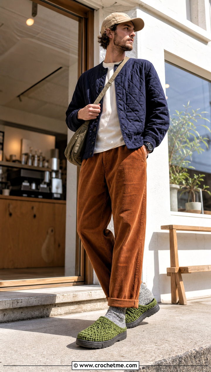 Crochet Clogs With Corduroy Pants - 25 crochet shoes for men outfit ideas