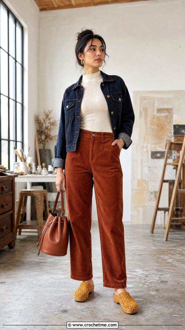 Crochet Clogs With Corduroy Trousers - 35 crochet shoes outfit ideas